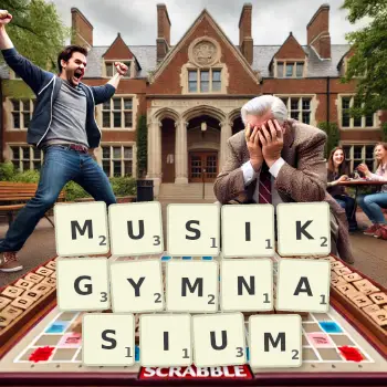 Kreative Illustration für ein Scrabble-Spiel, bei dem das Wort MUSIKGYMNASIUM mit Steinen auf dem Brett gelegt wurde.