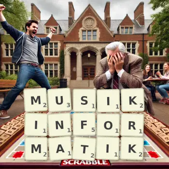 Kreative Illustration für ein Scrabble-Spiel, bei dem das Wort MUSIKINFORMATIK mit Steinen auf dem Brett gelegt wurde.