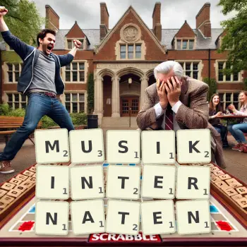 Kreative Illustration für ein Scrabble-Spiel, bei dem das Wort MUSIKINTERNATEN mit Steinen auf dem Brett gelegt wurde.