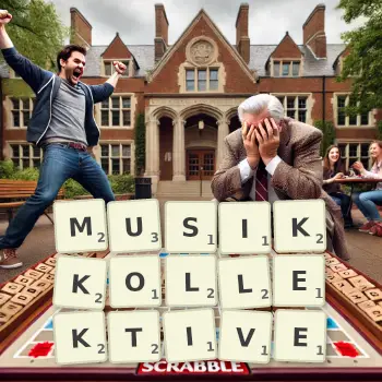 Kreative Illustration für ein Scrabble-Spiel, bei dem das Wort MUSIKKOLLEKTIVE mit Steinen auf dem Brett gelegt wurde.
