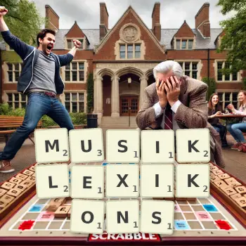 Kreative Illustration für ein Scrabble-Spiel, bei dem das Wort MUSIKLEXIKONS mit Steinen auf dem Brett gelegt wurde.