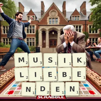 Kreative Illustration für ein Scrabble-Spiel, bei dem das Wort MUSIKLIEBENDEN mit Steinen auf dem Brett gelegt wurde.