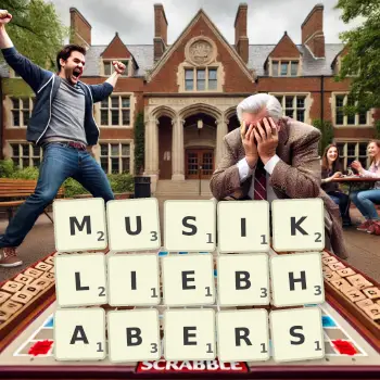 Kreative Illustration für ein Scrabble-Spiel, bei dem das Wort MUSIKLIEBHABERS mit Steinen auf dem Brett gelegt wurde.