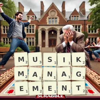 Kreative Illustration für ein Scrabble-Spiel, bei dem das Wort MUSIKMANAGEMENT mit Steinen auf dem Brett gelegt wurde.
