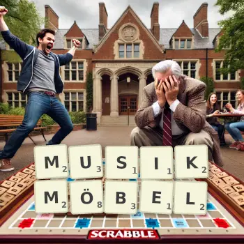 Kreative Illustration für ein Scrabble-Spiel, bei dem das Wort MUSIKMÖBEL mit Steinen auf dem Brett gelegt wurde.