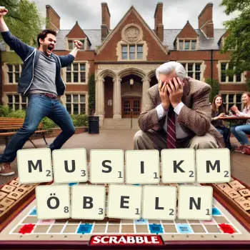 Kreative Illustration für ein Scrabble-Spiel, bei dem das Wort MUSIKMÖBELN mit Steinen auf dem Brett gelegt wurde.