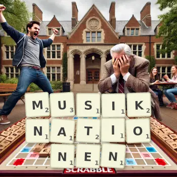 Kreative Illustration für ein Scrabble-Spiel, bei dem das Wort MUSIKNATIONEN mit Steinen auf dem Brett gelegt wurde.