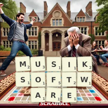 Kreative Illustration für ein Scrabble-Spiel, bei dem das Wort MUSIKSOFTWARE mit Steinen auf dem Brett gelegt wurde.