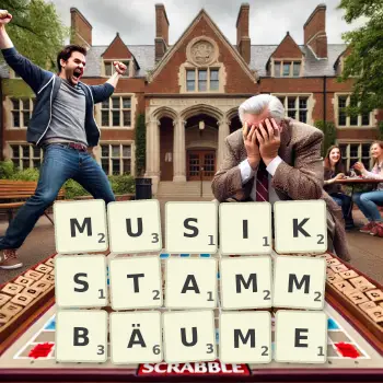 Kreative Illustration für ein Scrabble-Spiel, bei dem das Wort MUSIKSTAMMBÄUME mit Steinen auf dem Brett gelegt wurde.