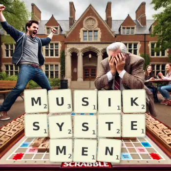 Kreative Illustration für ein Scrabble-Spiel, bei dem das Wort MUSIKSYSTEMEN mit Steinen auf dem Brett gelegt wurde.