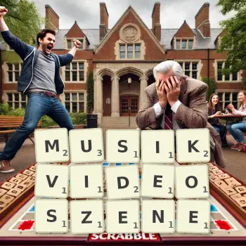 Kreative Illustration für ein Scrabble-Spiel, bei dem das Wort MUSIKVIDEOSZENE mit Steinen auf dem Brett gelegt wurde.