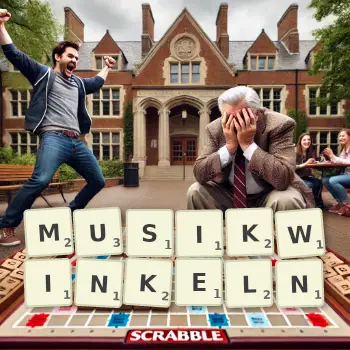 Kreative Illustration für ein Scrabble-Spiel, bei dem das Wort MUSIKWINKELN mit Steinen auf dem Brett gelegt wurde.