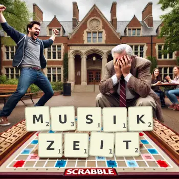 Kreative Illustration für ein Scrabble-Spiel, bei dem das Wort MUSIKZEIT mit Steinen auf dem Brett gelegt wurde.
