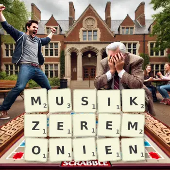 Kreative Illustration für ein Scrabble-Spiel, bei dem das Wort MUSIKZEREMONIEN mit Steinen auf dem Brett gelegt wurde.