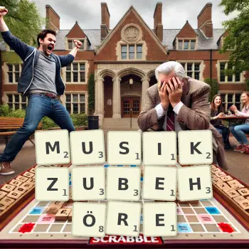 Kreative Illustration für ein Scrabble-Spiel, bei dem das Wort MUSIKZUBEHÖRE mit Steinen auf dem Brett gelegt wurde.