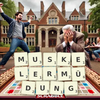 Kreative Illustration für ein Scrabble-Spiel, bei dem das Wort MUSKELERMÜDUNG mit Steinen auf dem Brett gelegt wurde.