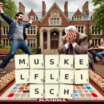 Kreative Illustration für ein Scrabble-Spiel, bei dem das Wort MUSKELFLEISCH mit Steinen auf dem Brett gelegt wurde.