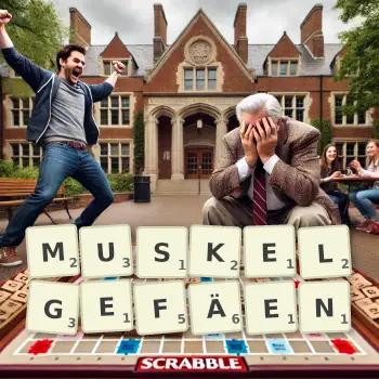 Kreative Illustration für ein Scrabble-Spiel, bei dem das Wort MUSKELGEFÄEN mit Steinen auf dem Brett gelegt wurde.