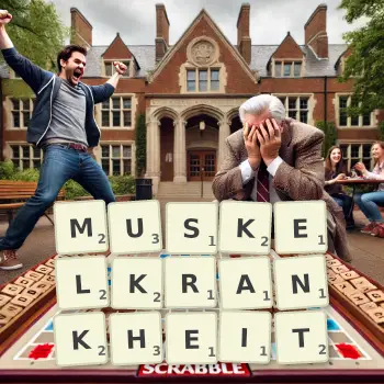 Kreative Illustration für ein Scrabble-Spiel, bei dem das Wort MUSKELKRANKHEIT mit Steinen auf dem Brett gelegt wurde.