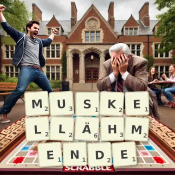 Kreative Illustration für ein Scrabble-Spiel, bei dem das Wort MUSKELLÄHMENDE mit Steinen auf dem Brett gelegt wurde.