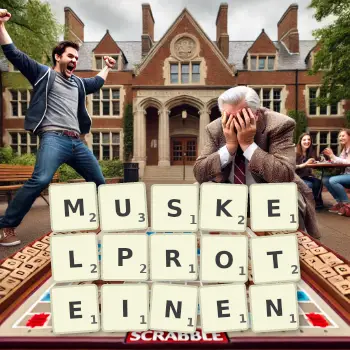 Kreative Illustration für ein Scrabble-Spiel, bei dem das Wort MUSKELPROTEINEN mit Steinen auf dem Brett gelegt wurde.