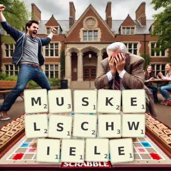 Kreative Illustration für ein Scrabble-Spiel, bei dem das Wort MUSKELSCHWIELE mit Steinen auf dem Brett gelegt wurde.
