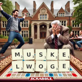 Kreative Illustration für ein Scrabble-Spiel, bei dem das Wort MUSKELWOGE mit Steinen auf dem Brett gelegt wurde.