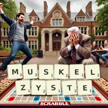 Kreative Illustration für ein Scrabble-Spiel, bei dem das Wort MUSKELZYSTE mit Steinen auf dem Brett gelegt wurde.