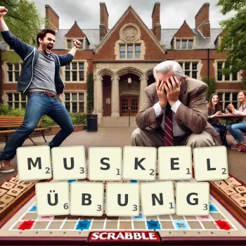 Kreative Illustration für ein Scrabble-Spiel, bei dem das Wort MUSKELÜBUNG mit Steinen auf dem Brett gelegt wurde.