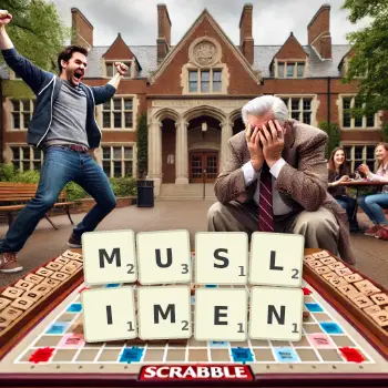 Kreative Illustration für ein Scrabble-Spiel, bei dem das Wort MUSLIMEN mit Steinen auf dem Brett gelegt wurde.