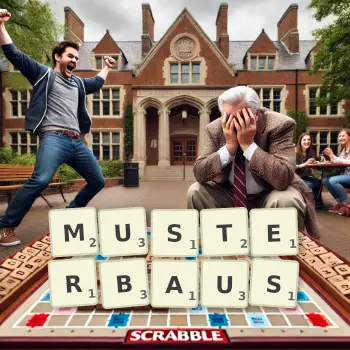 Kreative Illustration für ein Scrabble-Spiel, bei dem das Wort MUSTERBAUS mit Steinen auf dem Brett gelegt wurde.