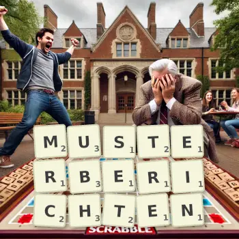 Kreative Illustration für ein Scrabble-Spiel, bei dem das Wort MUSTERBERICHTEN mit Steinen auf dem Brett gelegt wurde.