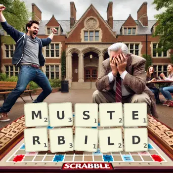 Kreative Illustration für ein Scrabble-Spiel, bei dem das Wort MUSTERBILD mit Steinen auf dem Brett gelegt wurde.