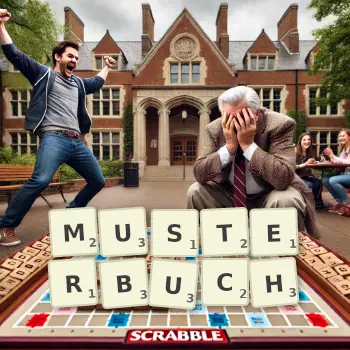 Kreative Illustration für ein Scrabble-Spiel, bei dem das Wort MUSTERBUCH mit Steinen auf dem Brett gelegt wurde.