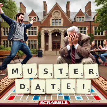 Kreative Illustration für ein Scrabble-Spiel, bei dem das Wort MUSTERDATEI mit Steinen auf dem Brett gelegt wurde.