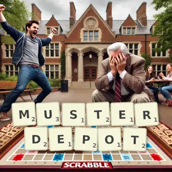 Kreative Illustration für ein Scrabble-Spiel, bei dem das Wort MUSTERDEPOT mit Steinen auf dem Brett gelegt wurde.