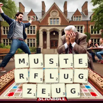 Kreative Illustration für ein Scrabble-Spiel, bei dem das Wort MUSTERFLUGZEUG mit Steinen auf dem Brett gelegt wurde.