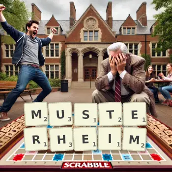 Kreative Illustration für ein Scrabble-Spiel, bei dem das Wort MUSTERHEIM mit Steinen auf dem Brett gelegt wurde.