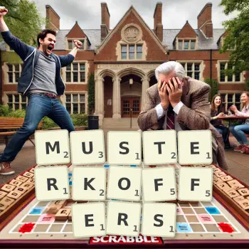 Kreative Illustration für ein Scrabble-Spiel, bei dem das Wort MUSTERKOFFERS mit Steinen auf dem Brett gelegt wurde.