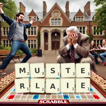 Kreative Illustration für ein Scrabble-Spiel, bei dem das Wort MUSTERLAIE mit Steinen auf dem Brett gelegt wurde.