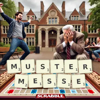Kreative Illustration für ein Scrabble-Spiel, bei dem das Wort MUSTERMESSE mit Steinen auf dem Brett gelegt wurde.