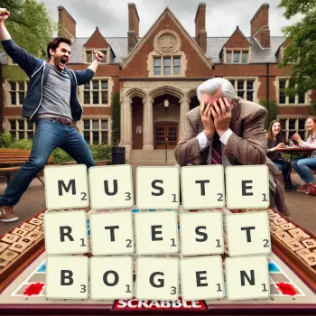 Kreative Illustration für ein Scrabble-Spiel, bei dem das Wort MUSTERTESTBOGEN mit Steinen auf dem Brett gelegt wurde.