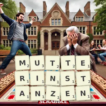 Kreative Illustration für ein Scrabble-Spiel, bei dem das Wort MUTTERINSTANZEN mit Steinen auf dem Brett gelegt wurde.