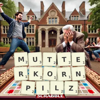 Kreative Illustration für ein Scrabble-Spiel, bei dem das Wort MUTTERKORNPILZ mit Steinen auf dem Brett gelegt wurde.