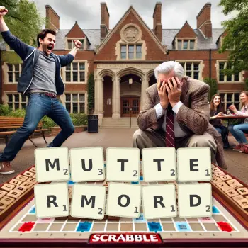 Kreative Illustration für ein Scrabble-Spiel, bei dem das Wort MUTTERMORD mit Steinen auf dem Brett gelegt wurde.