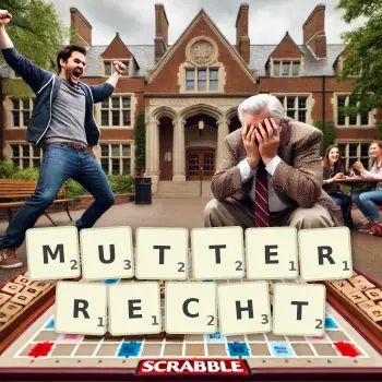 Kreative Illustration für ein Scrabble-Spiel, bei dem das Wort MUTTERRECHT mit Steinen auf dem Brett gelegt wurde.