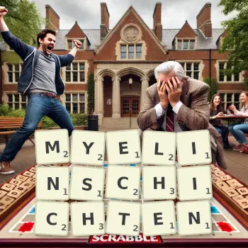 Kreative Illustration für ein Scrabble-Spiel, bei dem das Wort MYELINSCHICHTEN mit Steinen auf dem Brett gelegt wurde.
