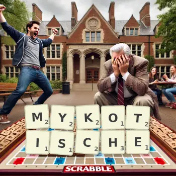 Kreative Illustration für ein Scrabble-Spiel, bei dem das Wort MYKOTISCHE mit Steinen auf dem Brett gelegt wurde.
