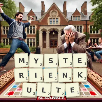 Kreative Illustration für ein Scrabble-Spiel, bei dem das Wort MYSTERIENKULTE mit Steinen auf dem Brett gelegt wurde.