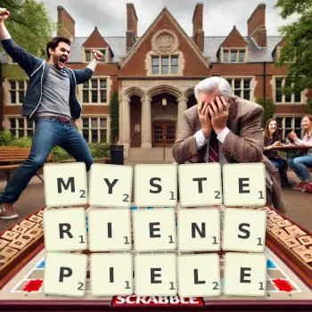 Kreative Illustration für ein Scrabble-Spiel, bei dem das Wort MYSTERIENSPIELE mit Steinen auf dem Brett gelegt wurde.